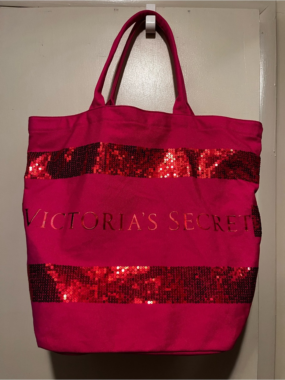 Victoria's Secret Hot Pink Tote with Red Sequin Stripes(2 bags total)